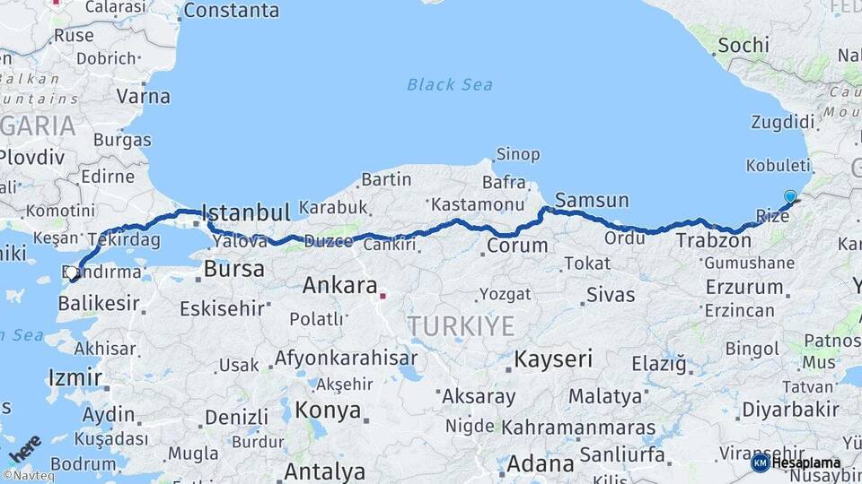 Artvin Arhavi Çanakkale Arası Kaç Km - Yol Haritası