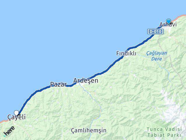 Artvin Arhavi Çayeli Rize Arası Kaç Km - Yol Haritası