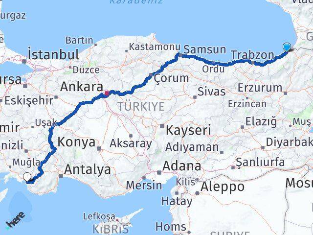 Artvin Arhavi Fethiye Muğla Arası Kaç Km - Yol Haritası