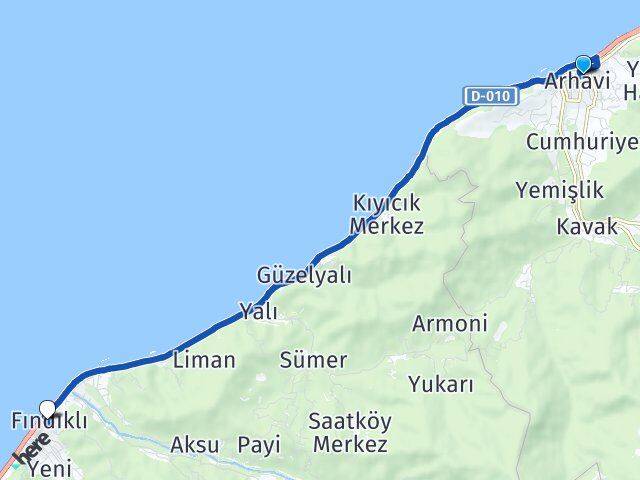 Artvin Arhavi Fındıklı Rize Arası Kaç Km - Yol Haritası