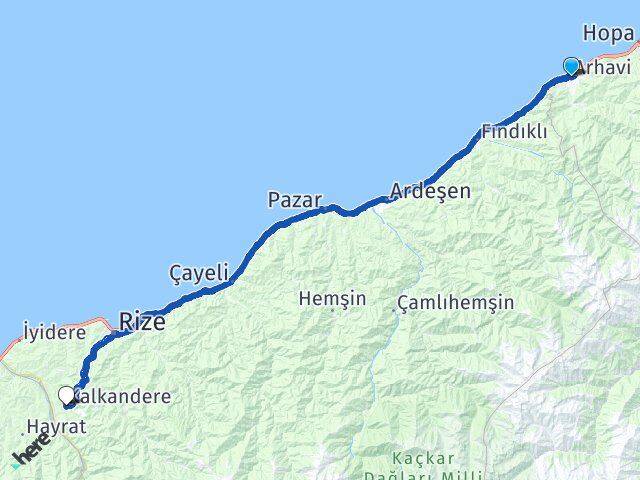 Artvin Arhavi Kalkandere Rize Arası Kaç Km - Yol Haritası