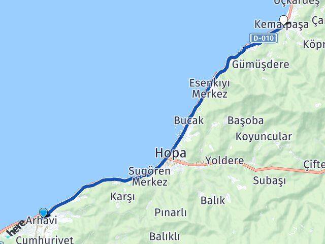 Artvin Arhavi Kemalpaşa Arası Kaç Km - Yol Haritası