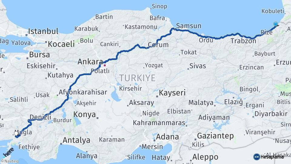 Artvin Arhavi Muğla Arası Kaç Km - Yol Haritası