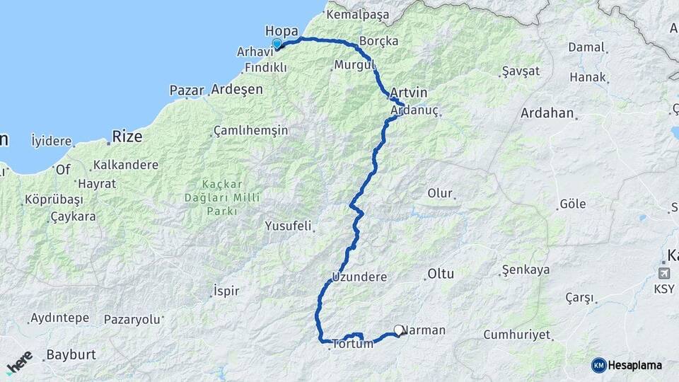 Artvin Arhavi Narman Erzurum Arası Kaç Km - Yol Haritası