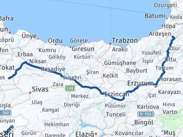 Artvin Artova Tokat Arası Kaç Km - Yol Haritası