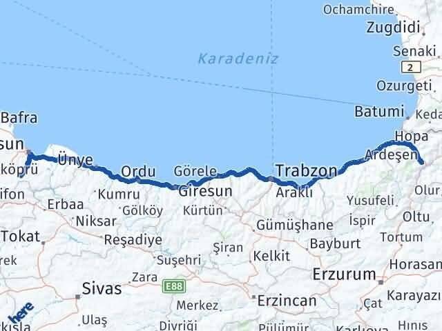 Artvin Asarcık Samsun Arası Kaç Km - Yol Haritası