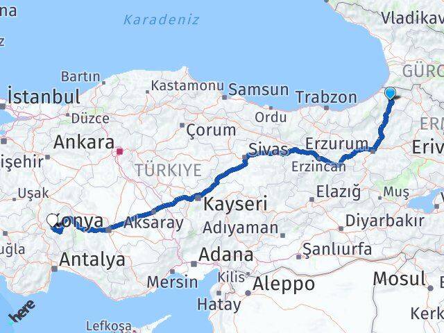 Artvin Atabey Isparta Arası Kaç Km - Yol Haritası