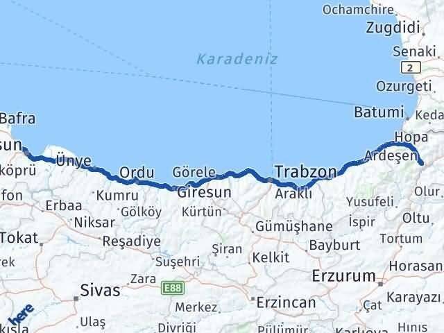 Artvin Atakum Samsun Arası Kaç Km - Yol Haritası