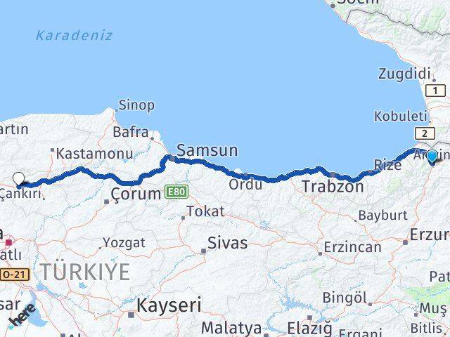 Artvin Atkaracalar Çankırı Arası Kaç Km - Yol Haritası