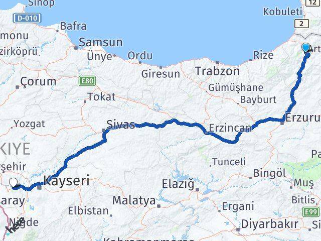 Artvin Avanos Nevşehir Arası Kaç Km - Yol Haritası