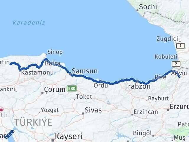 Artvin Azdavay Kastamonu Arası Kaç Km - Yol Haritası
