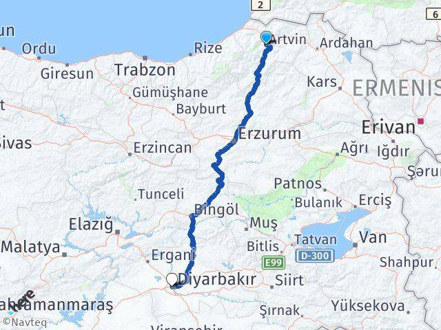 Artvin Bağlar Diyarbakır Arası Kaç Km - Yol Haritası
