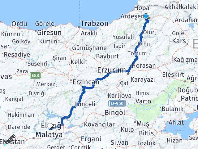 Artvin Baskil Elazığ Arası Kaç Km - Yol Haritası