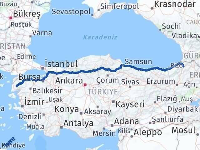 Artvin Bayramiç Çanakkale Arası Kaç Km - Yol Haritası