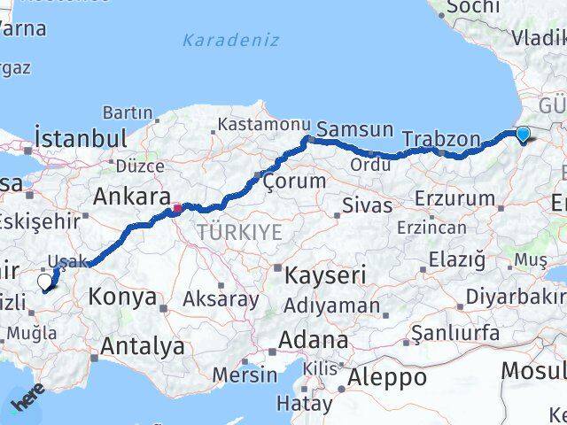 Artvin Bekilli Denizli Arası Kaç Km - Yol Haritası