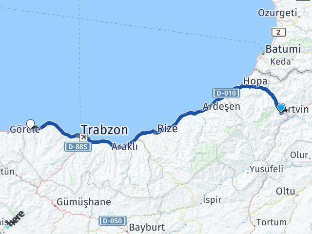 Artvin Beşikdüzü Trabzon Arası Kaç Km - Yol Haritası