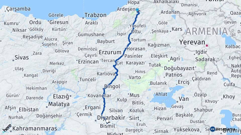 Artvin Bismil Diyarbakır Arası Kaç Km - Yol Haritası