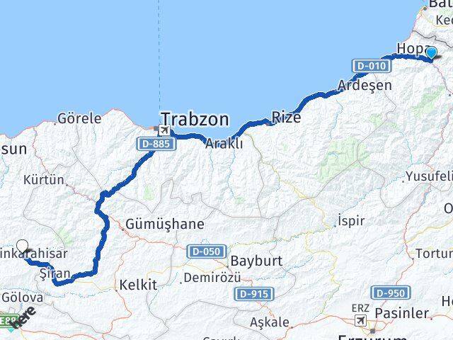 Artvin Borçka Alucra Giresun Arası Kaç Km - Yol Haritası