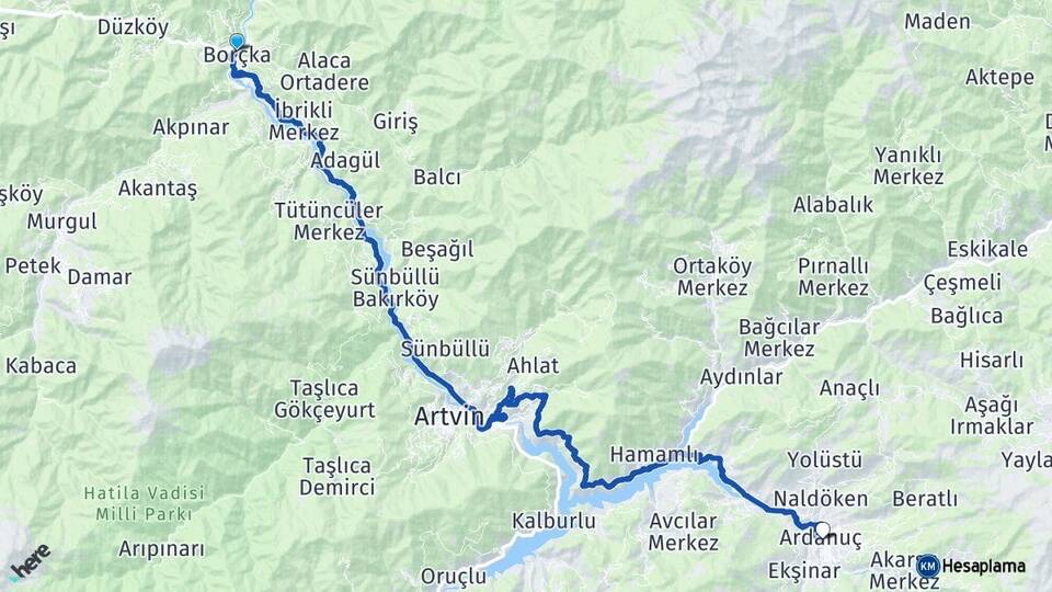 Artvin Borçka Ardanuç Arası Kaç Km - Yol Haritası