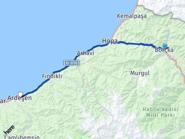 Artvin Borçka Ardeşen Rize Arası Kaç Km - Yol Haritası