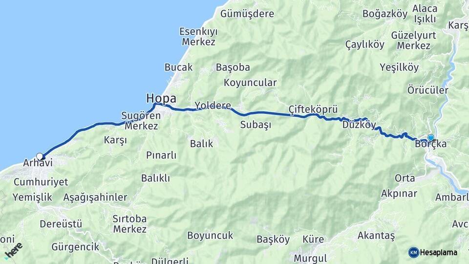 Artvin Borçka Arhavi Arası Kaç Km - Yol Haritası