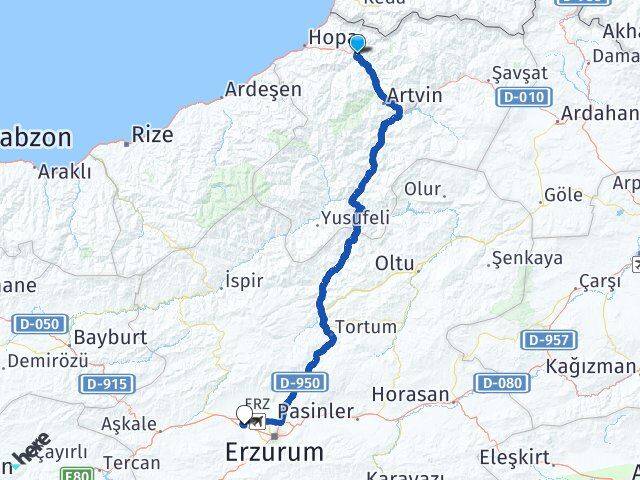 Artvin Borçka Aziziye Erzurum Arası Kaç Km - Yol Haritası