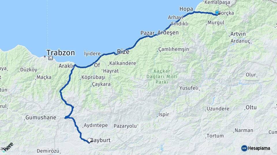 Artvin Borçka Bayburt Arası Kaç Km - Yol Haritası
