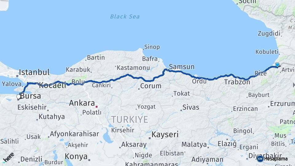 Artvin Borçka Bursa Arası Kaç Km - Yol Haritası