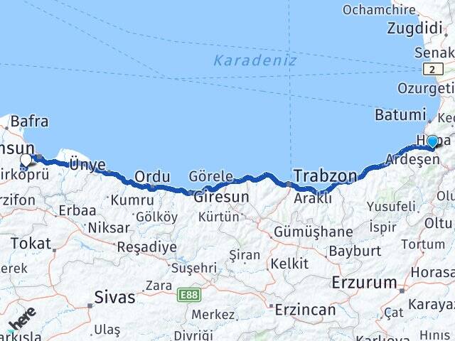 Artvin Borçka Canik Samsun Arası Kaç Km - Yol Haritası