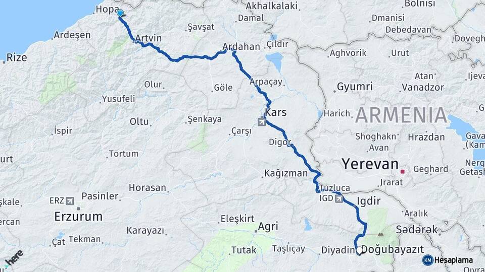 Artvin Borçka Doğubayazıt Ağrı Arası Kaç Km - Yol Haritası
