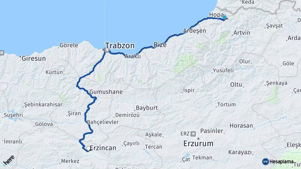 Artvin Borçka Erzincan Arası Kaç Km - Yol Haritası