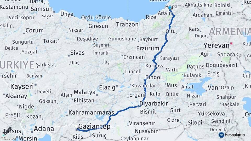Artvin Borçka Gaziantep Arası Kaç Km - Yol Haritası