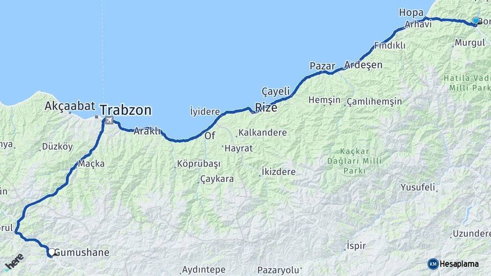 Artvin Borçka Gümüşhane Arası Kaç Km - Yol Haritası