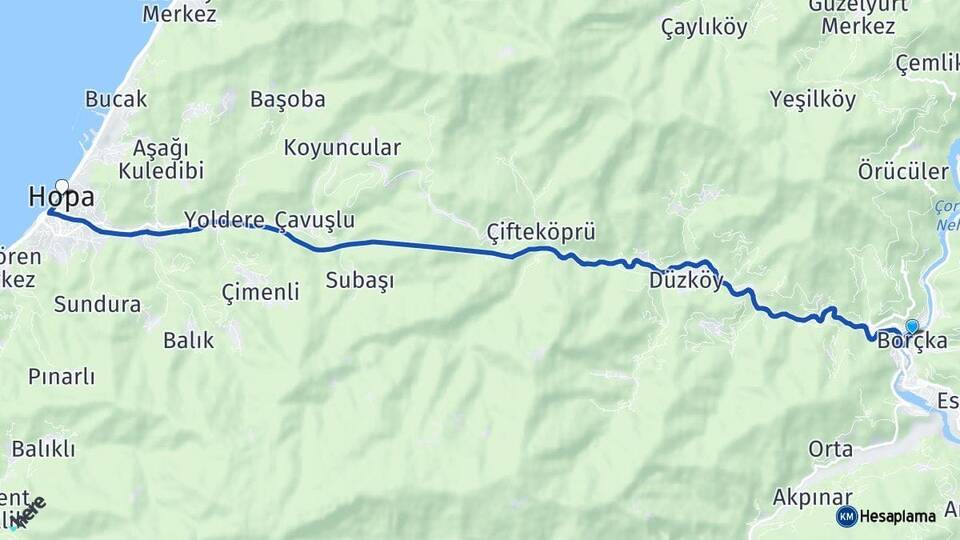 Artvin Borçka Hopa Arası Kaç Km - Yol Haritası