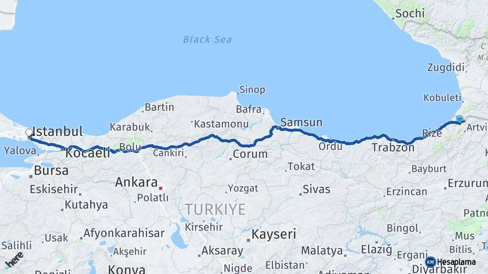 Artvin Borçka İstanbul Arası Kaç Km - Yol Haritası