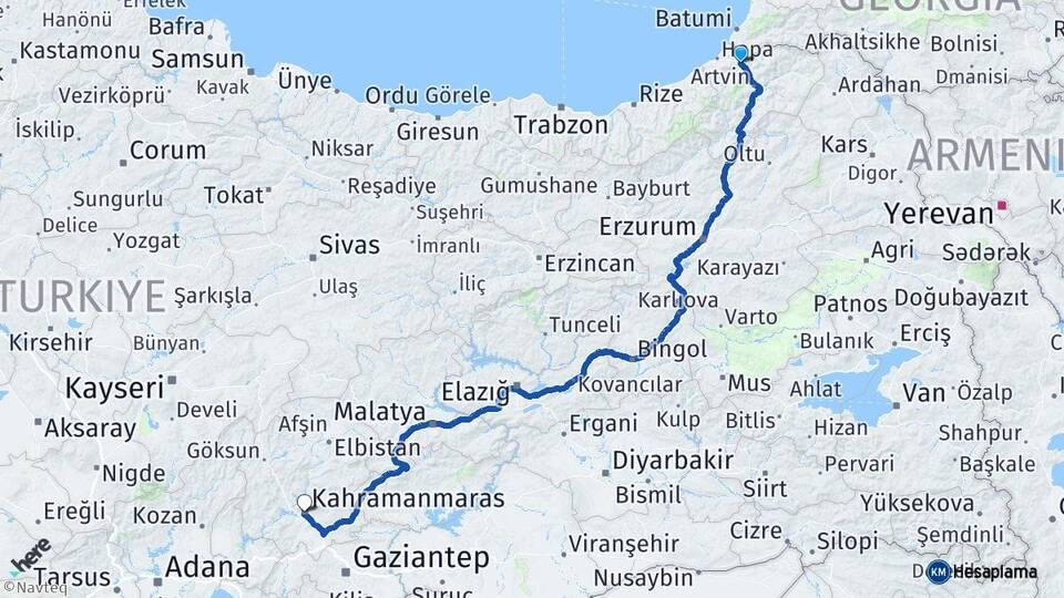 Artvin Borçka Kahramanmaraş Arası Kaç Km - Yol Haritası