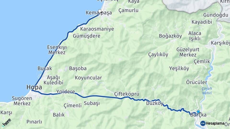 Artvin Borçka Kemalpaşa Arası Kaç Km - Yol Haritası