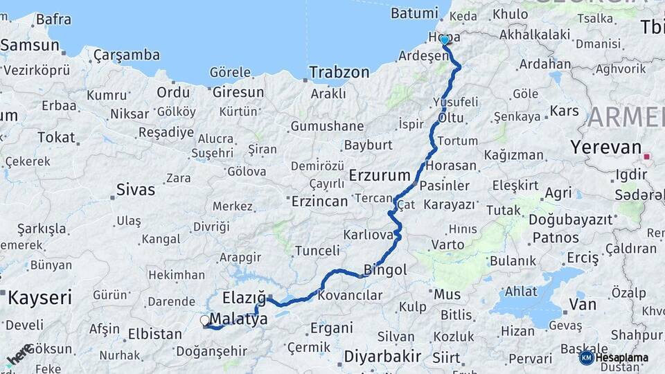 Artvin Borçka Malatya Arası Kaç Km - Yol Haritası