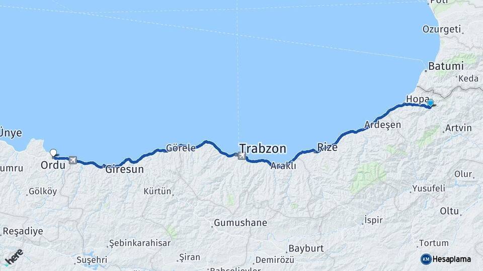 Artvin Borçka Ordu Arası Kaç Km - Yol Haritası