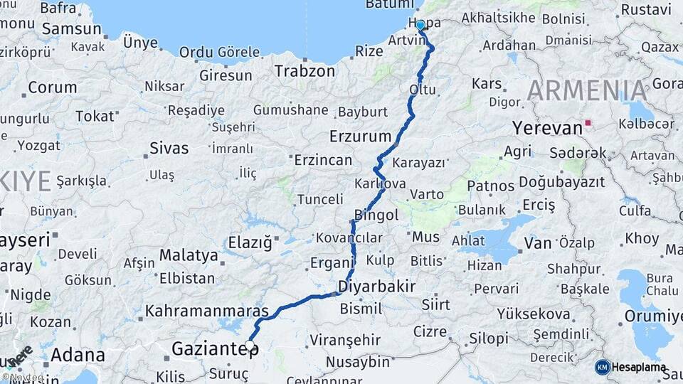 Artvin Borçka Şanlıurfa Arası Kaç Km - Yol Haritası
