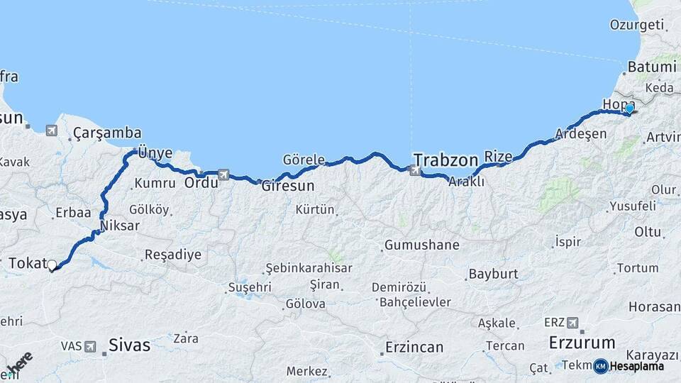 Artvin Borçka Tokat Arası Kaç Km - Yol Haritası