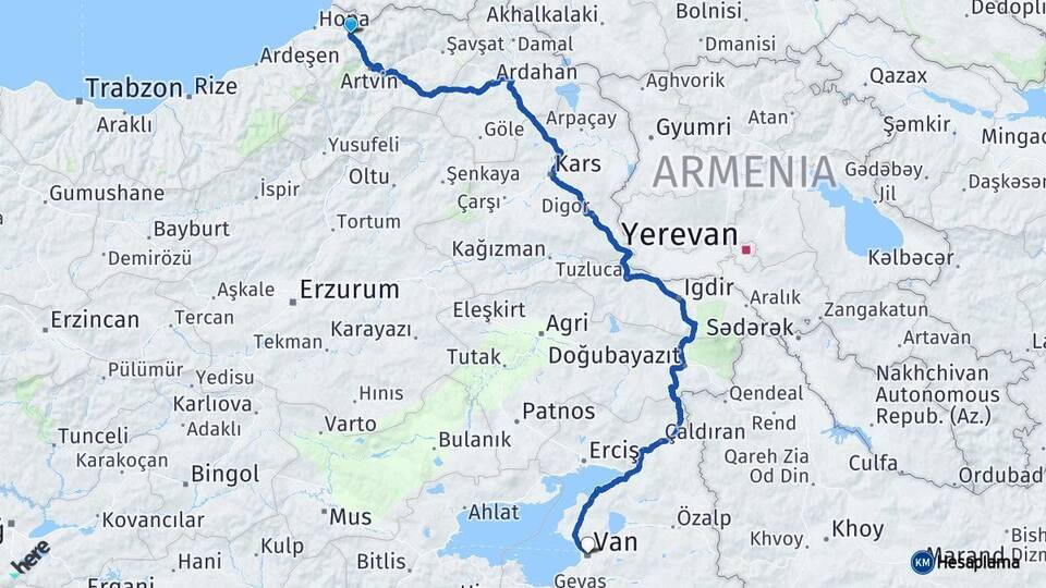 Artvin Borçka Van Arası Kaç Km - Yol Haritası