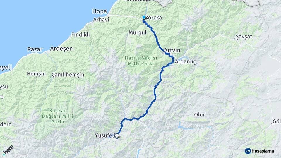 Artvin Borçka Yusufeli Arası Kaç Km - Yol Haritası