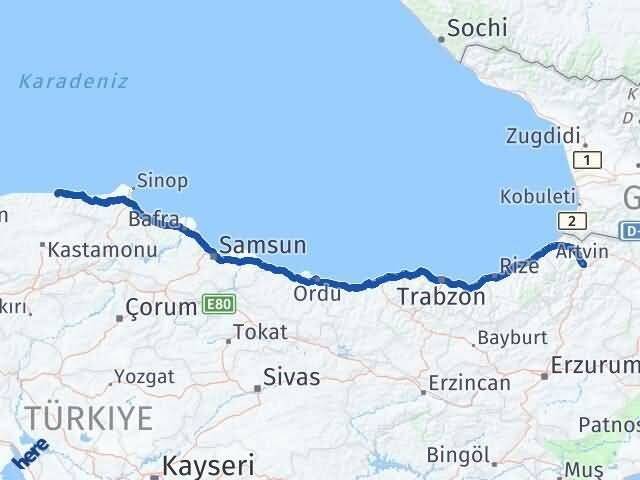 Artvin Bozkurt Kastamonu Arası Kaç Km - Yol Haritası