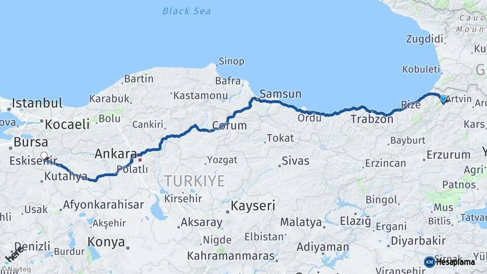 Artvin Bozüyük Bilecik Arası Kaç Km - Yol Haritası