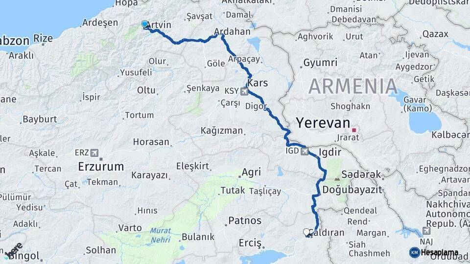 Artvin Çaldıran Van Arası Kaç Km - Yol Haritası