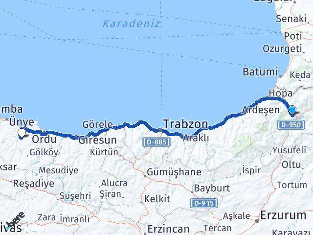 Artvin Çamaş Ordu Arası Kaç Km - Yol Haritası