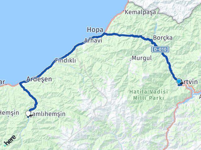 Artvin Çamlıhemşin Rize Arası Kaç Km - Yol Haritası