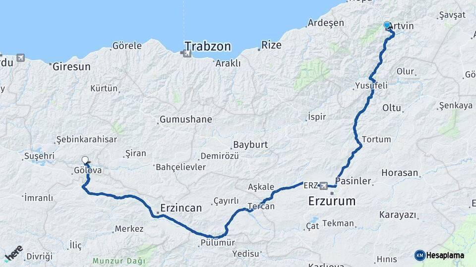 Artvin Çamoluk Giresun Arası Kaç Km - Yol Haritası