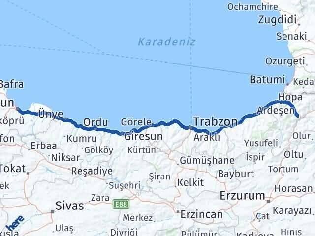 Artvin Canik Samsun Arası Kaç Km - Yol Haritası